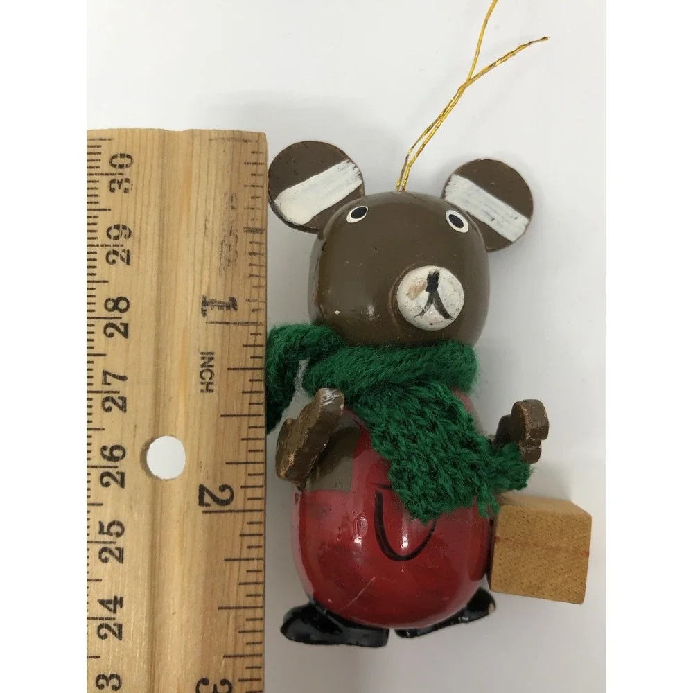 Vintage Wooden Hand Painted Bear Ornament Green Knitted Scarf 2.5